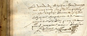 Registre pastoral du temple Saint-Yon de La Rochelle (baptêmes, mariages) 1573-1575. Archives départementales de la Charente-Maritime, La Rochelle.